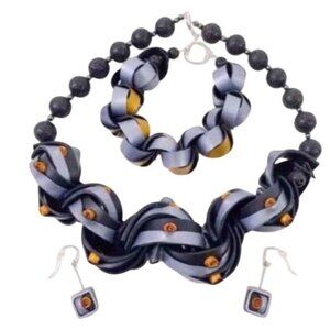 RARE 2010 NIB Handmade Polymer Clay Black, Gold & Gray Necklace, Earrings & Brac
